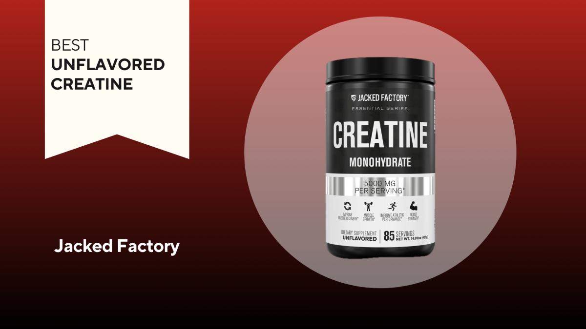 A black and white container of Jacked Factory Creatine Monohydrate against a red background.